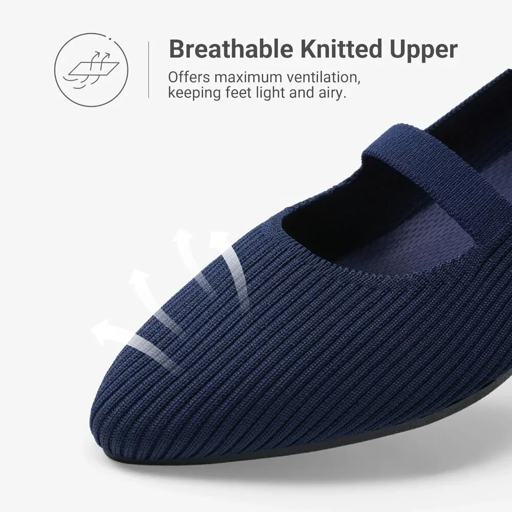 Women's Navy Knit Ballet Pointed Toe Comfortable Dressy Mary Jane Flats Shoes